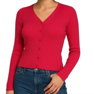 EXPRESS Rib Cotton Button Cardigan Pink Slim Long Sleeve V Neck Women Large Y2K